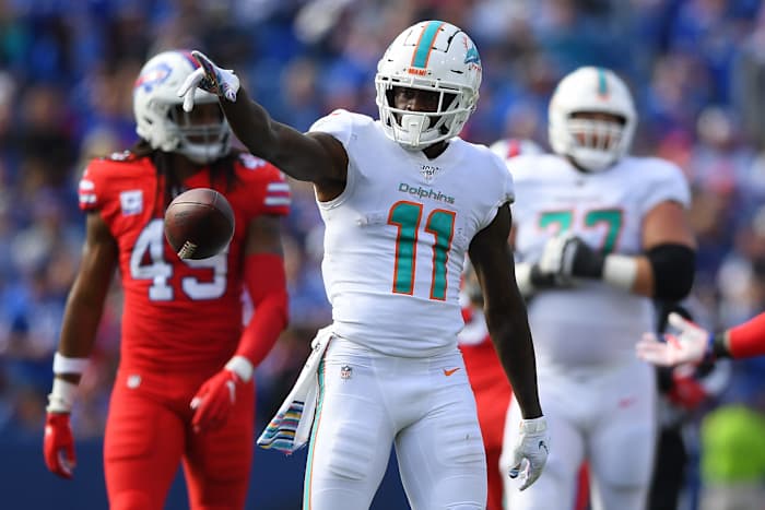 Oct 20, 2019; Orchard Park, NY, USA; Miami Dolphins wide receiver DeVante Parker (11) reacts to his first down catch against the Buffalo Bills during the third quarter at New Era Field. Mandatory Credit: Rich Barnes-USA TODAY Sports